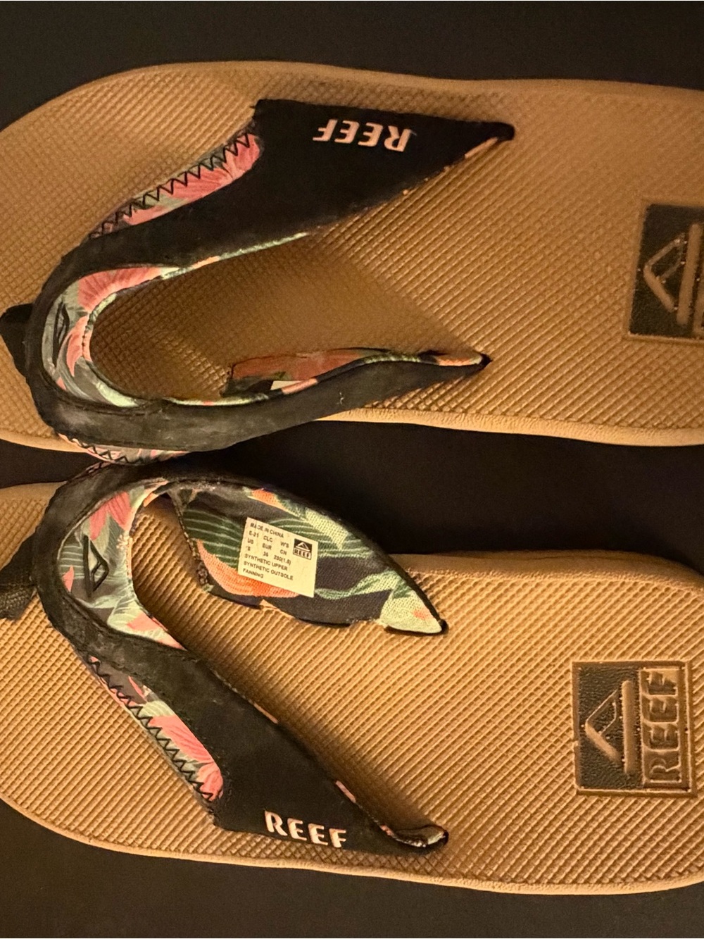 Reef Women’s Tan Sandals with Black Straps and Pink-Green Tropical Print